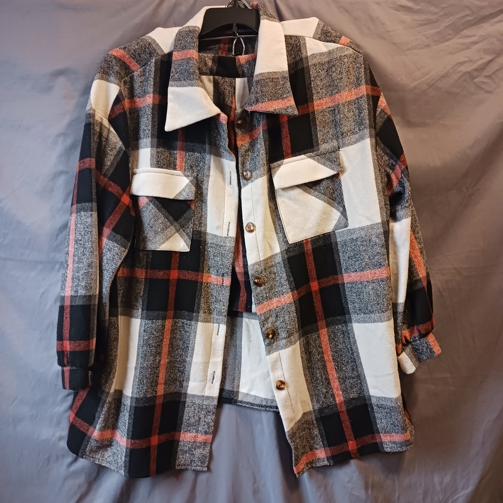 Plaid Button-Up Jacket With Matching Skirt Set Plus Size